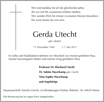 Traueranzeige von Gerda Utecht von Tageszeitung