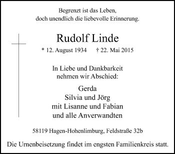 Traueranzeige von Rudolf Linde von Tageszeitung