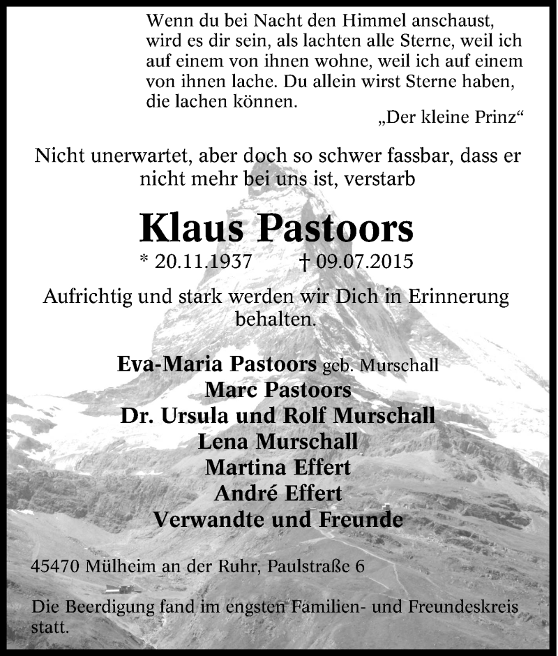  Traueranzeige für Klaus Pastoors vom 17.07.2015 aus Tageszeitung