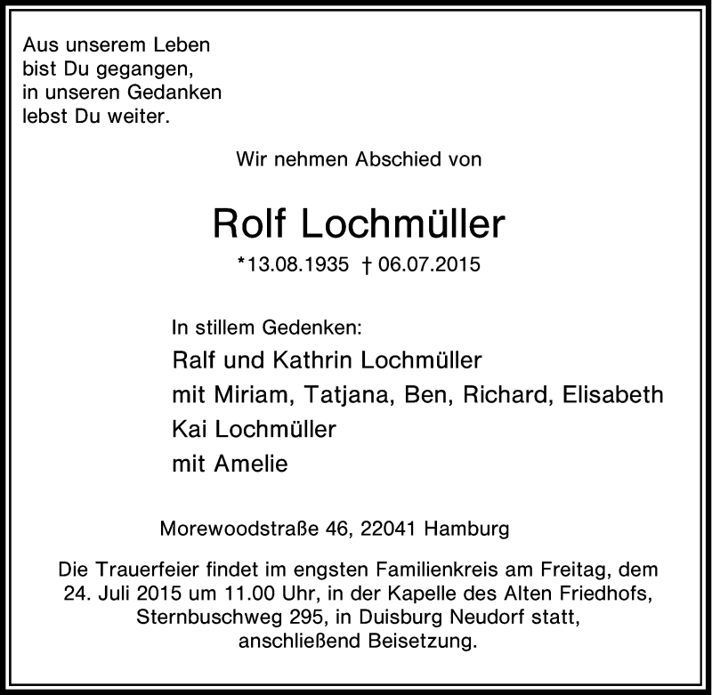  Traueranzeige für Rolf Lochmüller vom 20.07.2015 aus Tageszeitung