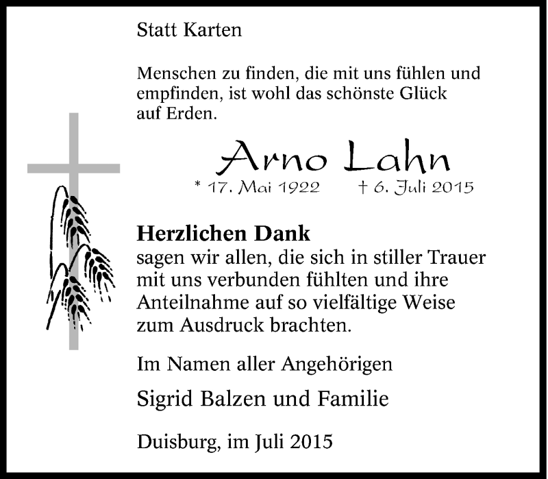  Traueranzeige für Arno Lahn vom 31.07.2015 aus Tageszeitung