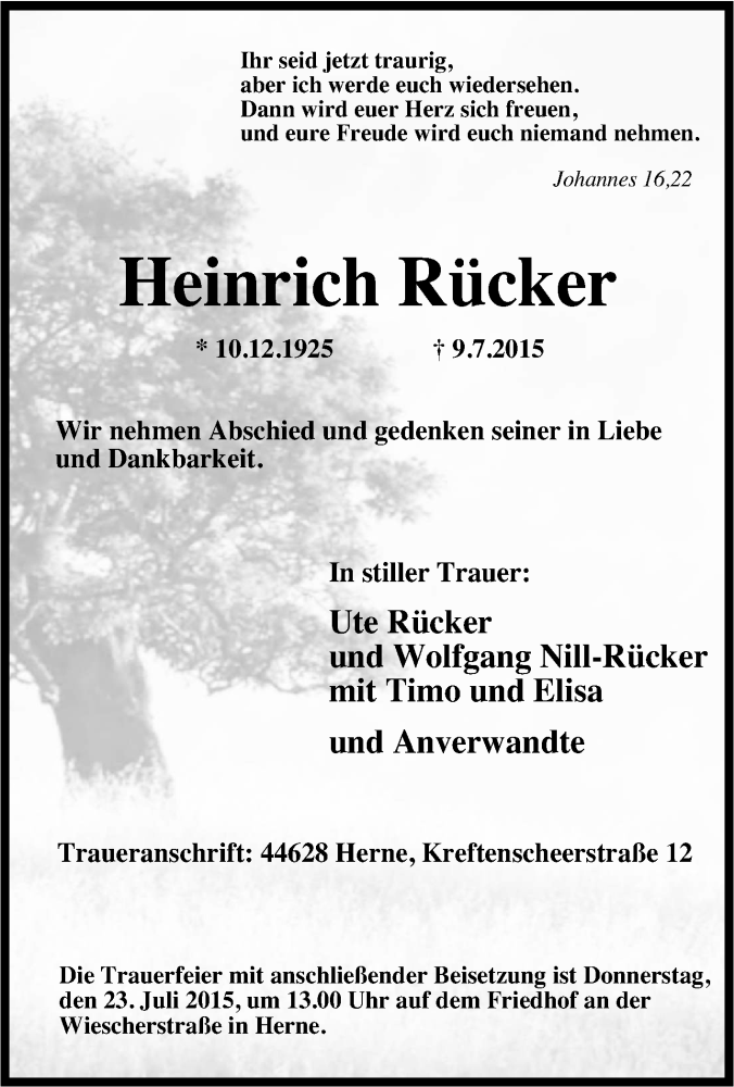  Traueranzeige für Heinrich Rücker vom 18.07.2015 aus Tageszeitung
