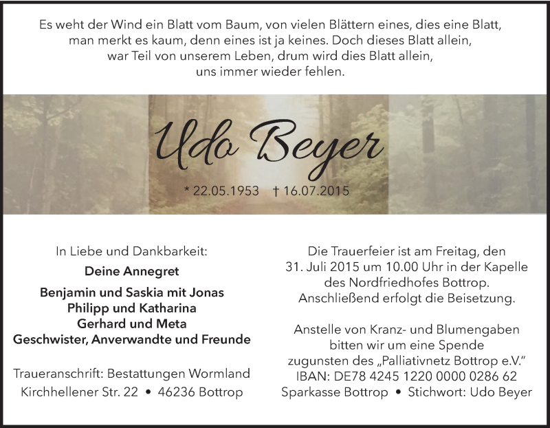  Traueranzeige für Uda Beyer vom 22.07.2015 aus Tageszeitung