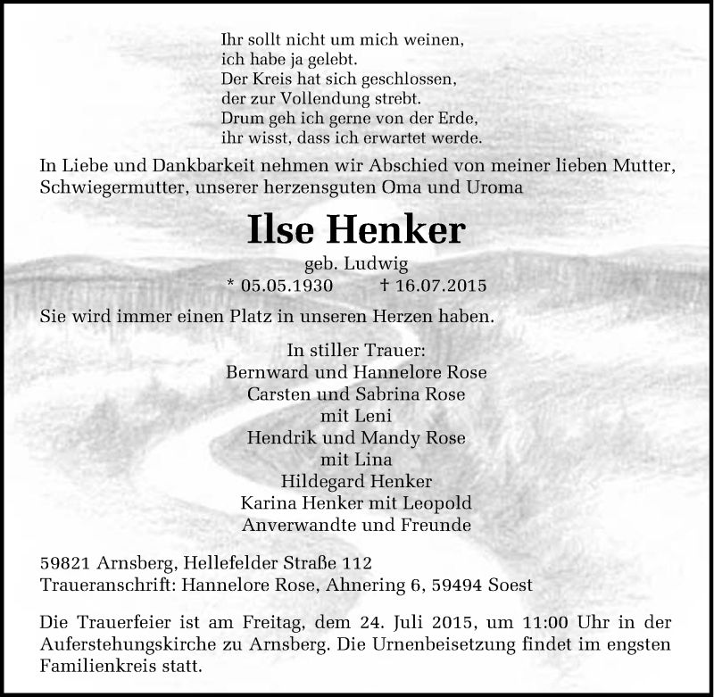  Traueranzeige für Ilse Henker vom 20.07.2015 aus Tageszeitung
