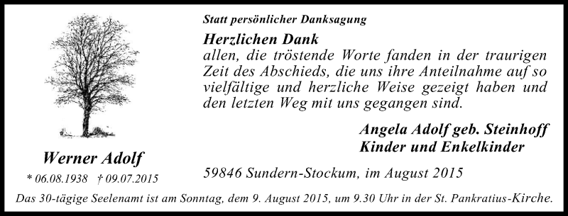  Traueranzeige für Werner Adolf vom 01.08.2015 aus Tageszeitung