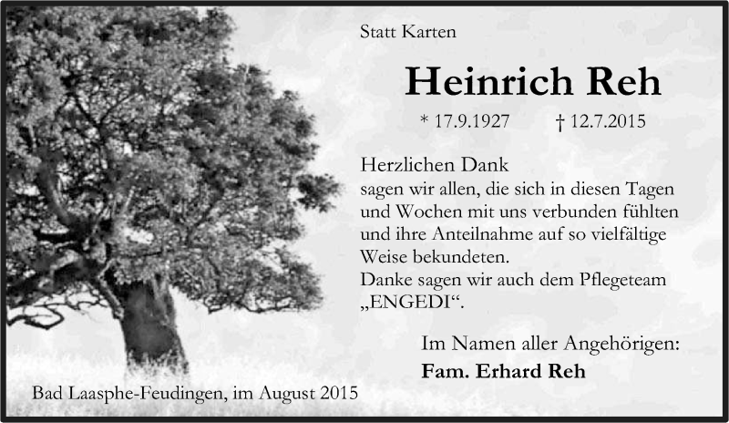  Traueranzeige für Heinrich Reh vom 22.08.2015 aus Tageszeitung