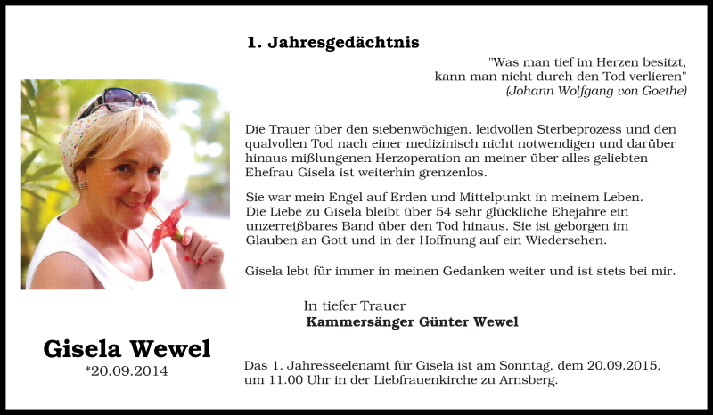 Traueranzeige für Gisela Wewel vom 16.09.2015 aus Tageszeitung