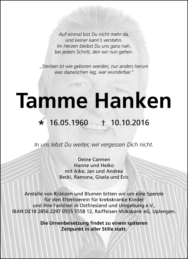  Traueranzeige für Tamme Hanken vom 15.10.2016 aus Tageszeitung