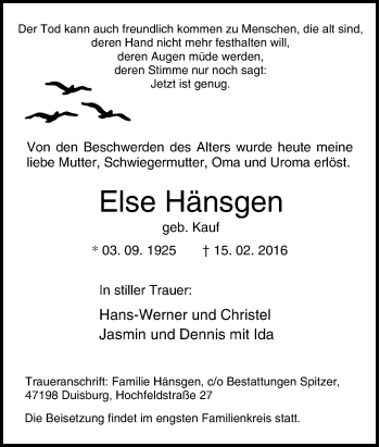 Traueranzeige von Else Hänsgen von Tageszeitung