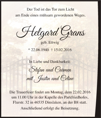 Traueranzeige von Helgard Grans von Tageszeitung