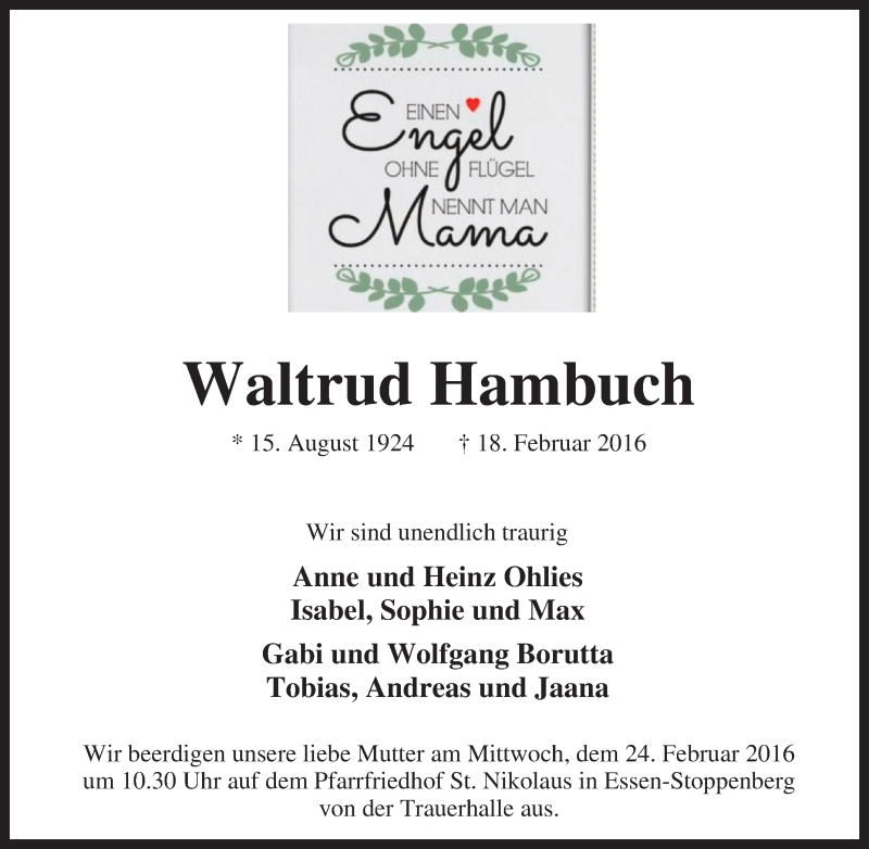  Traueranzeige für Waltrud Hambuch vom 22.02.2016 aus Tageszeitung