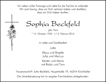 Traueranzeige von Sophia Beckfeld von Tageszeitung
