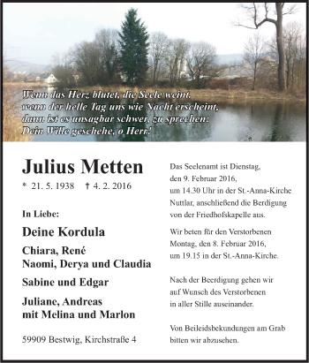 Traueranzeige von Julius Metten von Tageszeitung