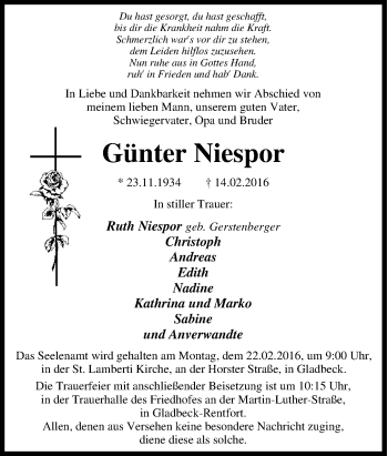 Traueranzeige von Günter Niespor von Tageszeitung