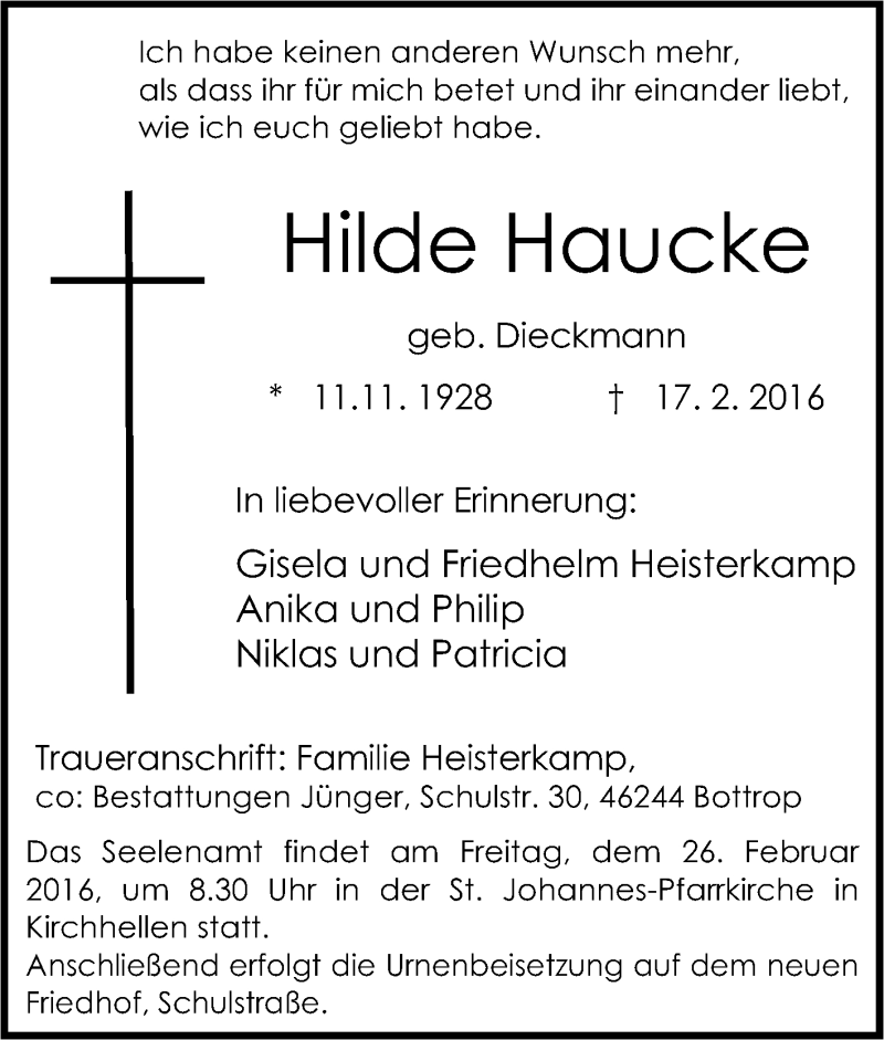  Traueranzeige für Hilde Haucke vom 22.02.2016 aus Tageszeitung