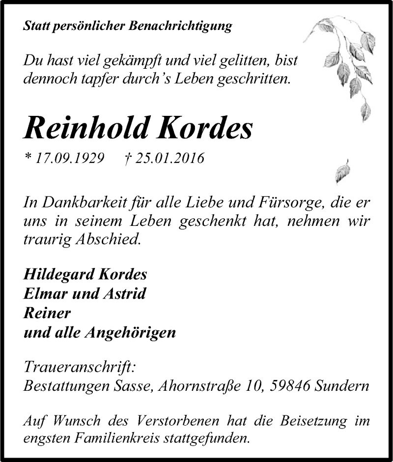  Traueranzeige für Reinhold Kordes vom 01.02.2016 aus Tageszeitung