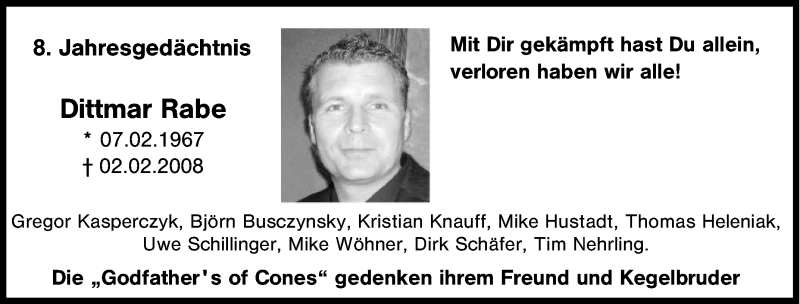  Traueranzeige für Dittmar Rabe vom 02.02.2016 aus Tageszeitung