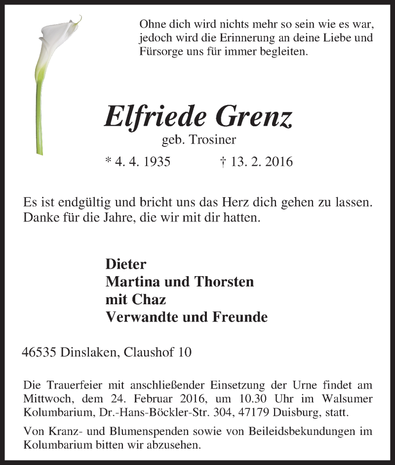  Traueranzeige für Elfriede Grenz vom 19.02.2016 aus Tageszeitung