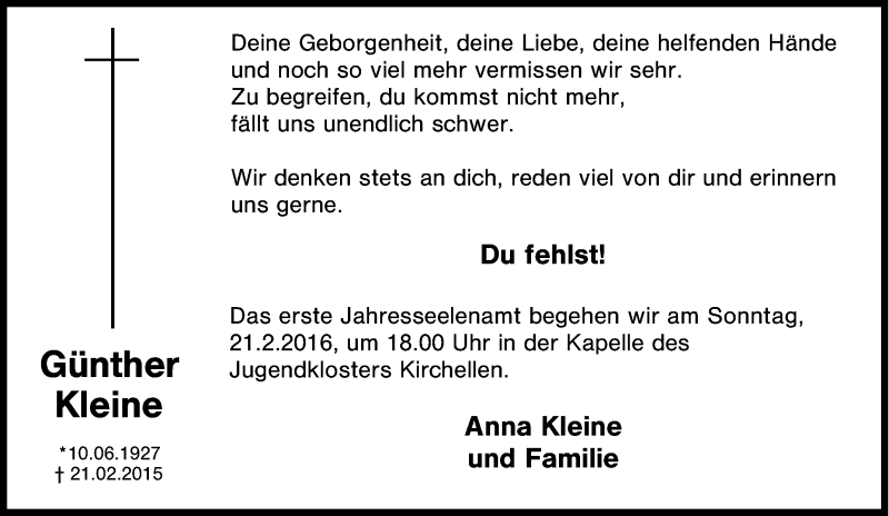  Traueranzeige für Günther Kleine vom 17.02.2016 aus Tageszeitung