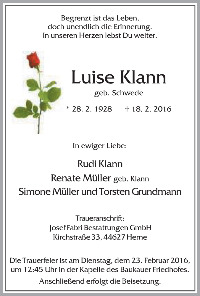  Traueranzeige für Luise Klann vom 20.02.2016 aus Tageszeitung