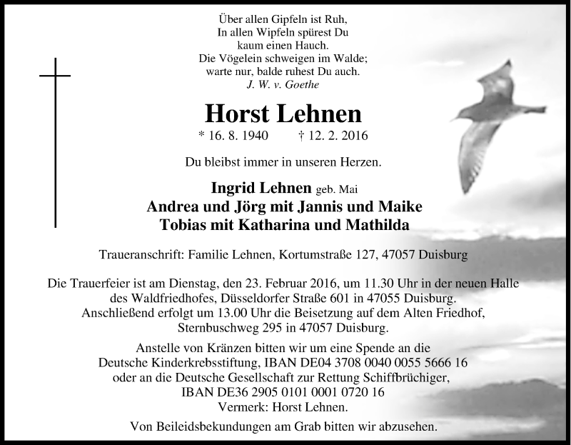  Traueranzeige für Horst Lehnen vom 17.02.2016 aus Tageszeitung