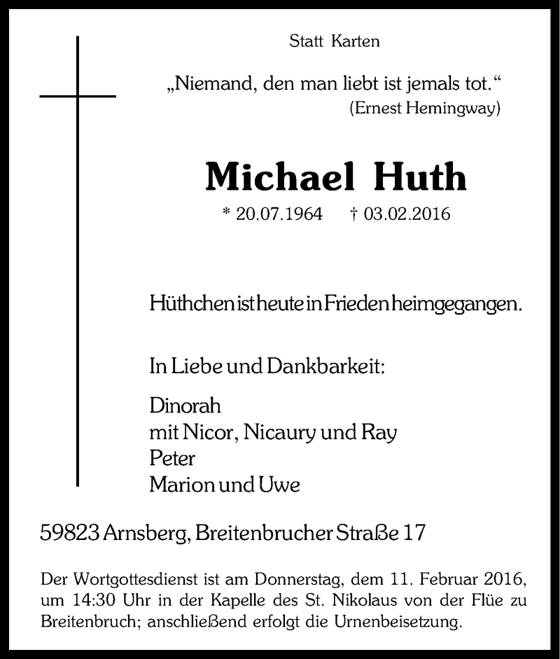  Traueranzeige für Michael Huth vom 06.02.2016 aus Tageszeitung