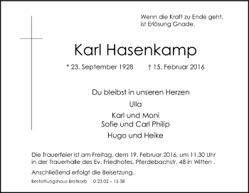 Traueranzeige von Karl Hasenkamp von Tageszeitung