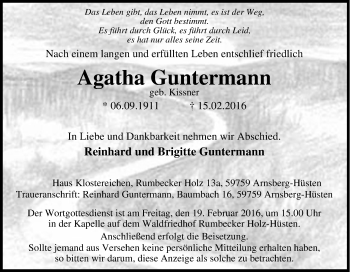 Traueranzeige von Agatha Guntermann von Tageszeitung