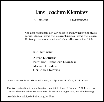 Traueranzeige von Hans-Joachim Klomfass von Tageszeitung