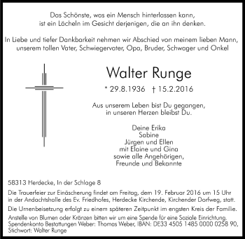 Traueranzeige von Walter Runge von Tageszeitung