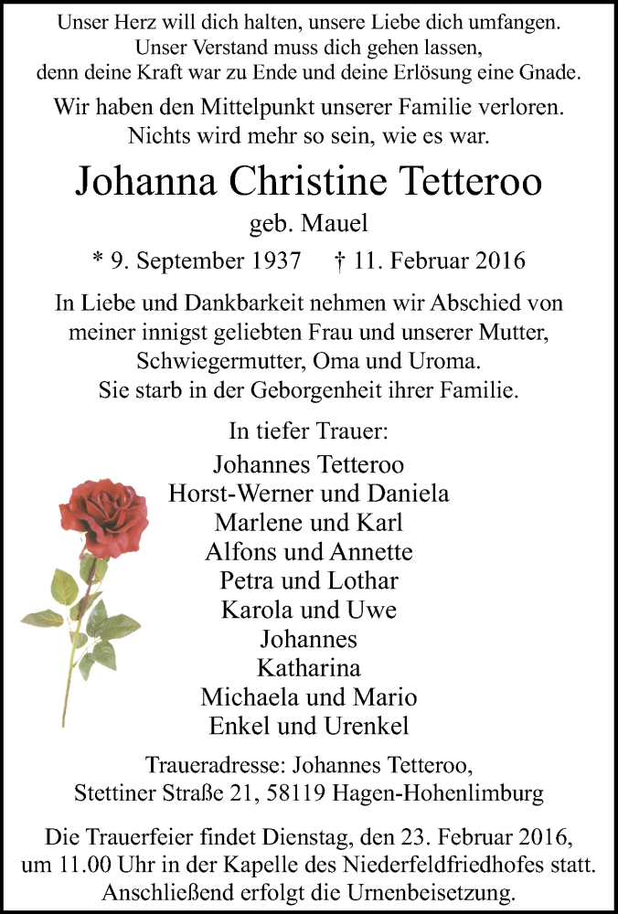  Traueranzeige für Johanna Christine Tetteroo vom 18.02.2016 aus Tageszeitung