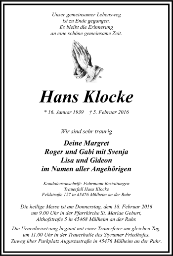 Traueranzeige von Hans Klocke von Tageszeitung