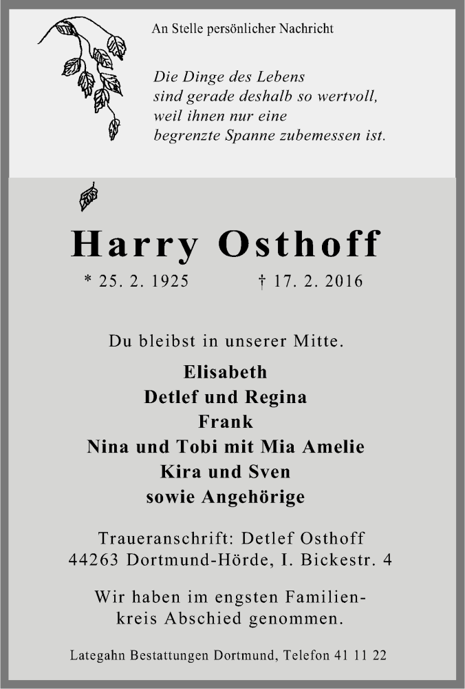  Traueranzeige für Harry Osthoff vom 27.02.2016 aus Tageszeitung