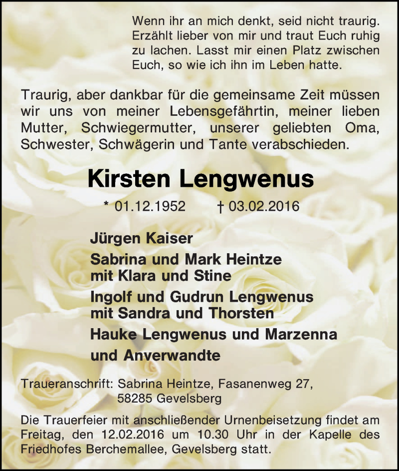  Traueranzeige für Kirsten Lengwenus vom 08.02.2016 aus Tageszeitung