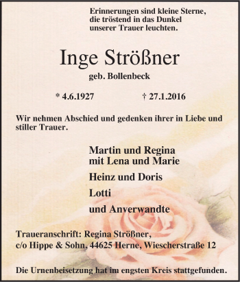 Traueranzeige von Inge Strößner von Tageszeitung