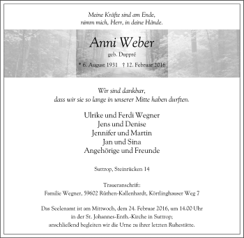 Traueranzeige von Anni Weber von Tageszeitung