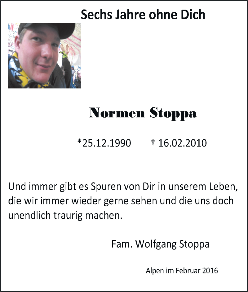  Traueranzeige für Normen Stoppa vom 16.02.2016 aus Tageszeitung