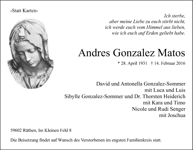  Traueranzeige für Andres Gonzalez Matos vom 15.02.2016 aus Tageszeitung
