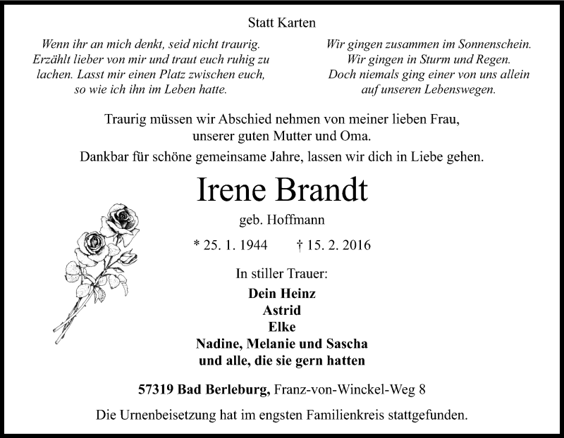  Traueranzeige für Irene Brandt vom 26.02.2016 aus Tageszeitung