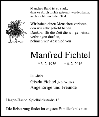 Traueranzeige von Manfred Fichtel von Tageszeitung