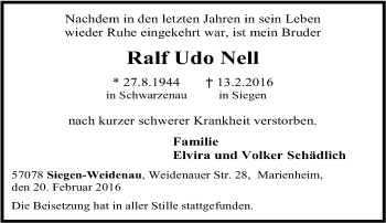Traueranzeige von Ralf Udo Nell von Tageszeitung