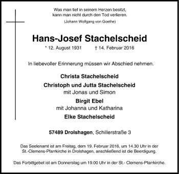 Traueranzeige von Hans-Josef Stachelscheid von Tageszeitung