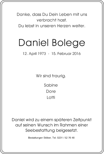 Traueranzeige von Daniel Bolege von Tageszeitung