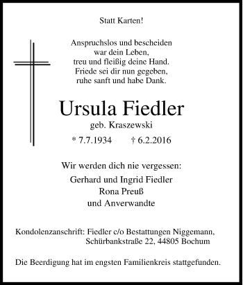Traueranzeige von Ursula Fiedler von Tageszeitung