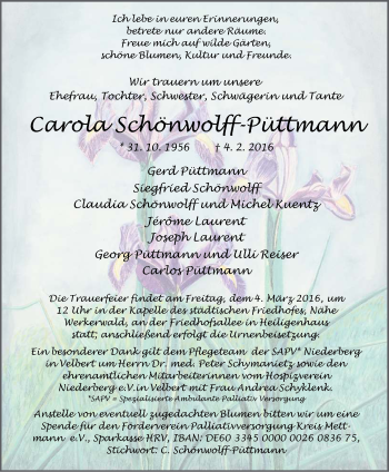 Traueranzeige von Carola Schönwolff-Püttmann von Tageszeitung