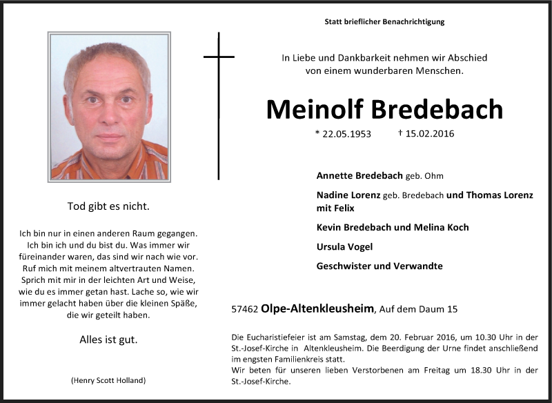  Traueranzeige für Meinolf Bredebach vom 17.02.2016 aus Tageszeitung