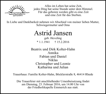 Traueranzeige von Astrid Jansen von Tageszeitung