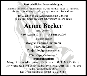 Traueranzeige von Aenne Becker von Tageszeitung