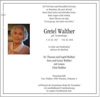 Traueranzeige von Gretel Walther von Tageszeitung