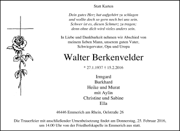 Traueranzeige von Walter Berkenvelder von Tageszeitung